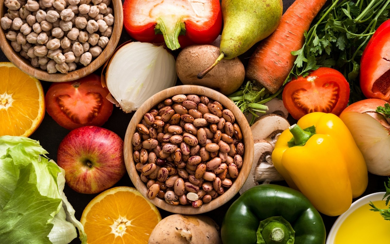 Closeup of fruits, vegetables, and legumes
