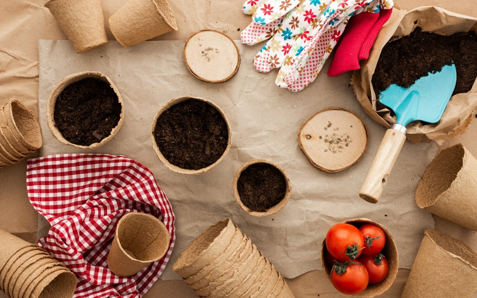 Soil, gloves, and gardening supplies